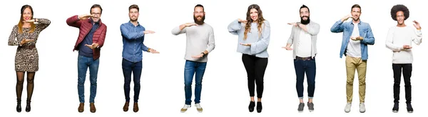 Collage Van Mensen Witte Geïsoleerde Achtergrond Gebaren Met Handen Tonen — Stockfoto