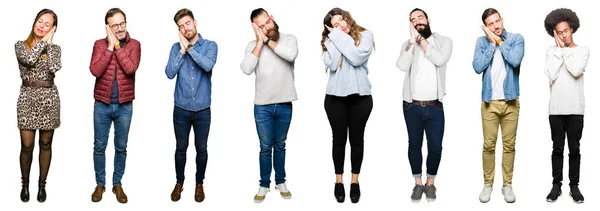 Collage Personer Över Vit Isolerade Bakgrund Som Sover Trött Drömmer — Stockfoto