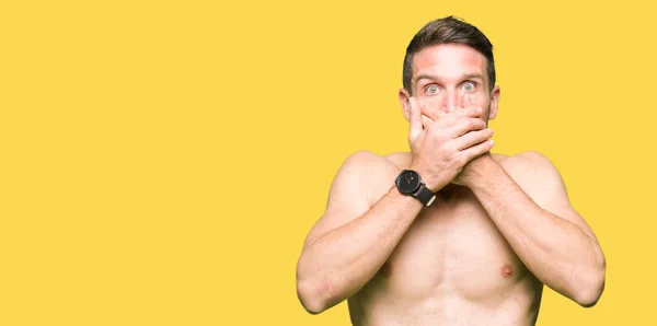 Handsome Shirtless Man Showing Nude Chest Shocked Covering Mouth Hands — Stock Photo, Image