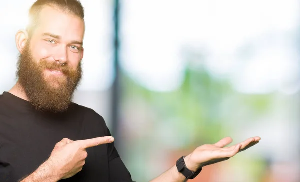 Young Blond Man Wearing Casual Shirt Amazed Smiling Camera While — Stock Photo, Image