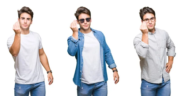 Collage Young Handsome Man Wearing Sunglasses Isolated Background Doing Italian — Stock Photo, Image