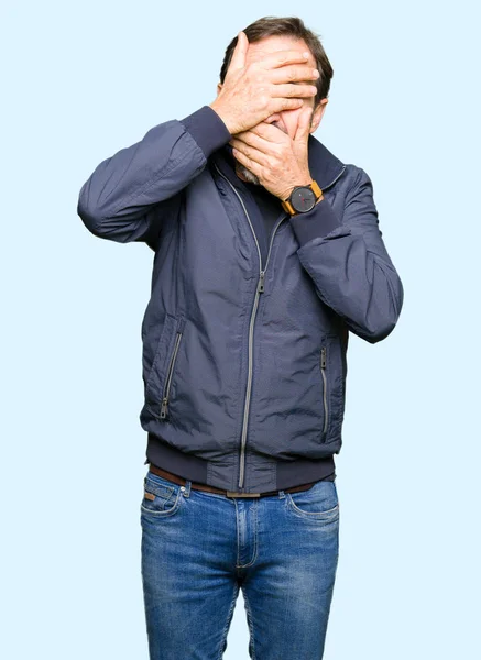 Middle Age Handsome Man Wearing Jacket Covering Eyes Mouth Hands — Stock Photo, Image