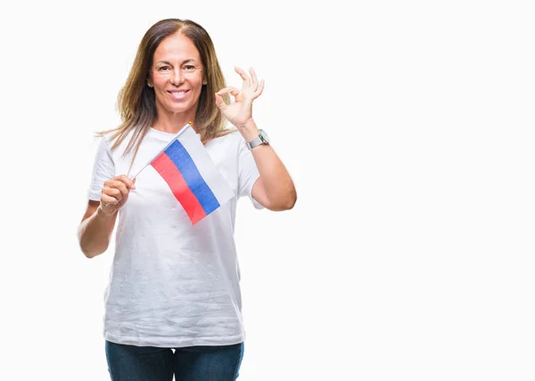 Mujer Hispana Mediana Edad Sosteniendo Bandera Rusia Sobre Fondo Aislado — Foto de Stock