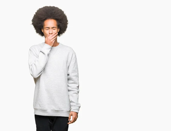 Sportif Sweatshirt Giyen Afro Saçlı Genç Afro Amerikan Adam Ağzıyla — Stok fotoğraf