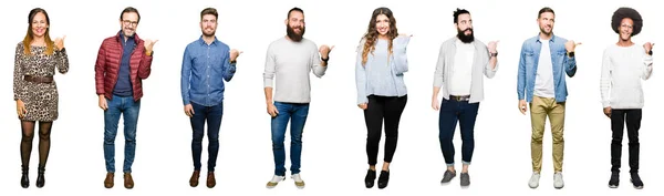 Collage Personas Sobre Fondo Blanco Aislado Sonriendo Con Cara Feliz — Foto de Stock