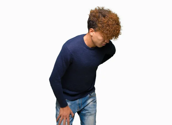 Young Handsome Man Afro Hair Suffering Backache Touching Back Hand — Stock Photo, Image