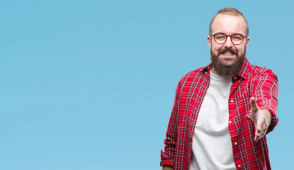 Homem Jovem Hipster Caucasiano Vestindo Óculos Sobre Fundo Isolado Sorrindo — Fotografia de Stock