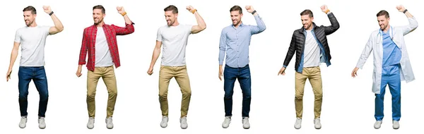 Collage Atractivo Joven Sobre Fondo Blanco Aislado Bailando Feliz Alegre —  Fotos de Stock