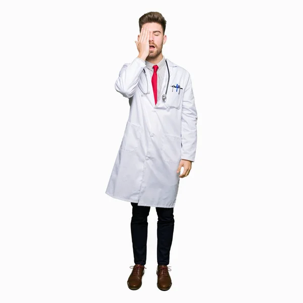 Young Handsome Doctor Man Wearing Medical Coat Yawning Tired Covering — Stock Photo, Image