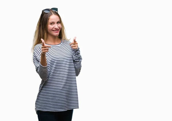 Young Beautiful Blonde Woman Wearing Sunglasses Isolated Background Pointing Fingers — Stock Photo, Image