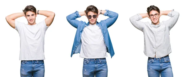 Collage Joven Hombre Guapo Con Gafas Sol Sobre Fondo Aislado —  Fotos de Stock