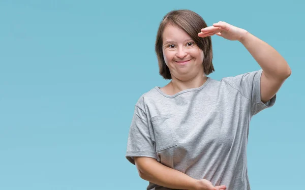 Mujer Adulta Joven Con Síndrome Sobre Fondo Aislado Gesto Con — Foto de Stock