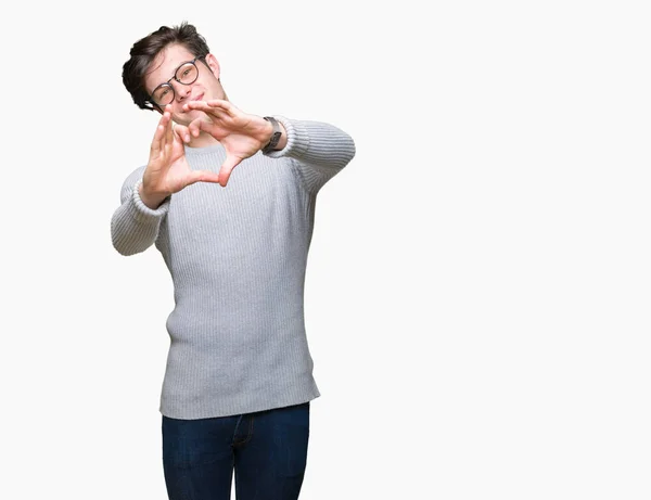 Fiatal Jóképű Férfi Szemüveg Viselése Alatt Szerelmes Szív Szimbólum Kéz — Stock Fotó
