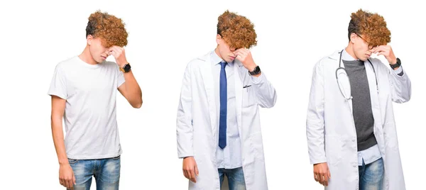 Collage Joven Doctor Con Abrigo Médico Sobre Fondo Blanco Aislado — Foto de Stock