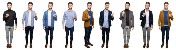 Collage Joven Hombre Negocios Guapo Con Diferentes Miradas Sobre Fondo —  Fotos de Stock