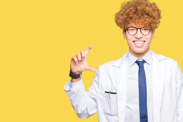 Young Handsome Scientist Man Wearing Glasses Smiling Confident Gesturing Hand — Stock Photo, Image