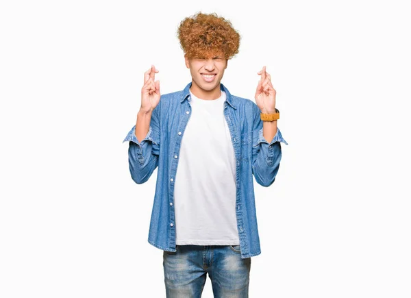 Young Handsome Man Afro Hair Wearing Denim Jacket Smiling Crossing — Stock Photo, Image