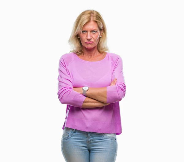 Medelålders Blond Kvinna Över Isolerade Bakgrund Skeptiker Och Nervös Ogillande — Stockfoto
