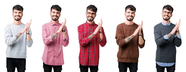 Collage Young Man Isolated Background Clapping Applauding Happy Joyful Smiling — Stock Photo, Image