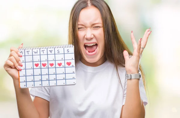 Молода Біла Жінка Тримає Календар Менструацій Ізольованому Фоні Дуже Щасливий — стокове фото