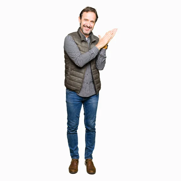 Middle Age Handsome Man Wearing Winter Vest Clapping Applauding Happy — Stock Photo, Image