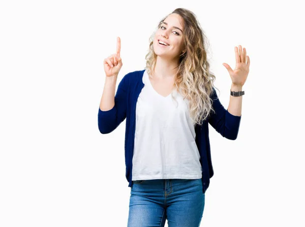 Beautiful Young Blonde Woman Isolated Background Showing Pointing Fingers Number — Stock Photo, Image