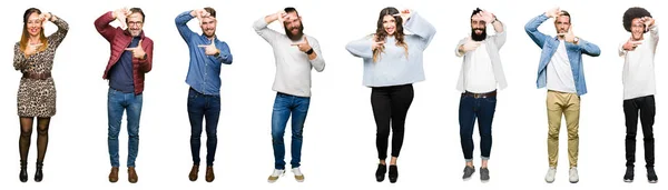 Collage People White Isolated Background Smiling Making Frame Hands Fingers — Stock Photo, Image