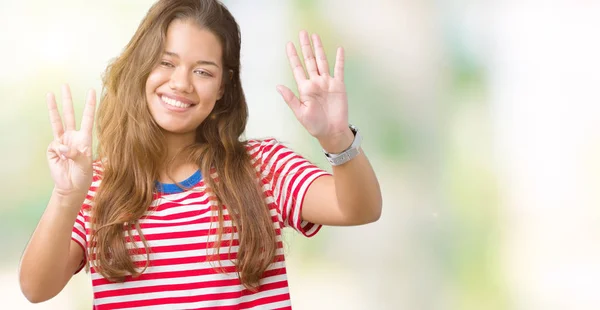 Jovem Bela Morena Mulher Vestindo Listras Shirt Sobre Isolado Fundo — Fotografia de Stock