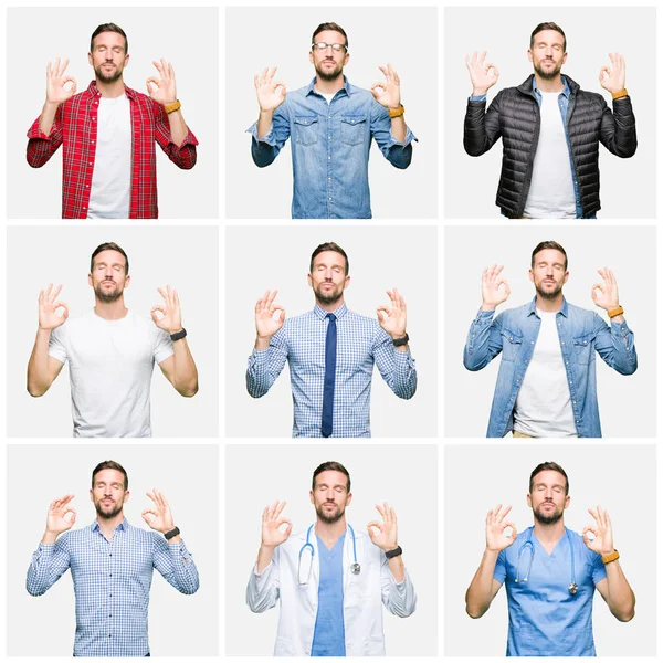 Collage Van Aantrekkelijke Jonge Man Witte Geïsoleerde Achtergrond Ontspannen Lachend — Stockfoto