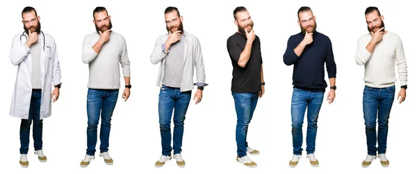 Collage Eines Jungen Mannes Mit Dutt Vor Weißem Hintergrund Der — Stockfoto