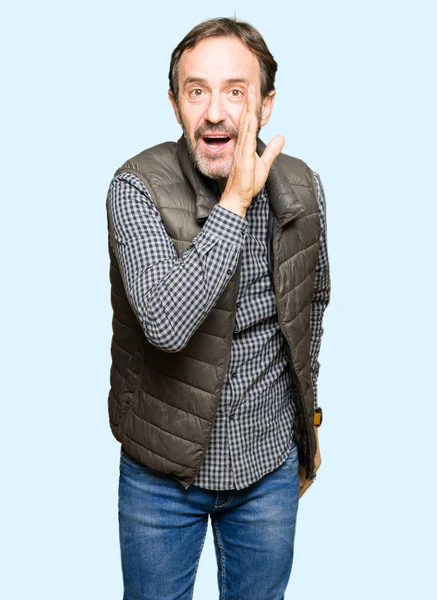 Middle Age Handsome Man Wearing Winter Vest Hand Mouth Telling — Stock Photo, Image