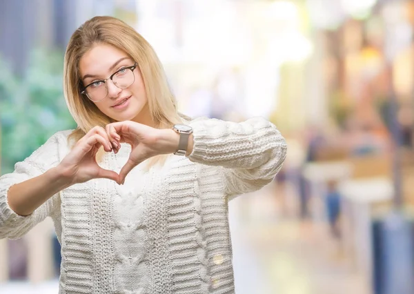 Mulher Branca Jovem Usando Óculos Sobre Fundo Isolado Sorrindo Amor — Fotografia de Stock