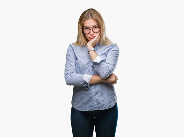 Young Caucasian Business Woman Wearing Glasses Isolated Background Thinking Looking — Stock Photo, Image