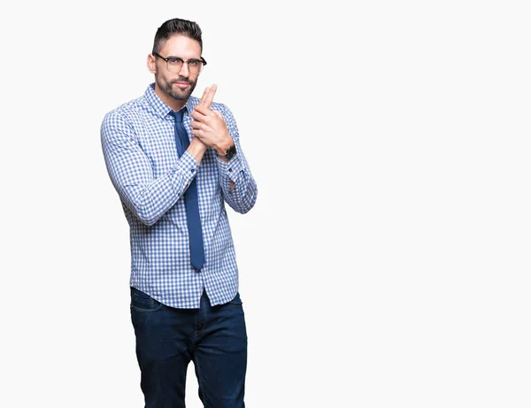 Junger Geschäftsmann Mit Brille Vor Isoliertem Hintergrund Symbolische Waffe Mit — Stockfoto