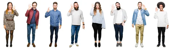 Collage Von Menschen Vor Weißem Isoliertem Hintergrund Die Positiv Lächeln — Stockfoto
