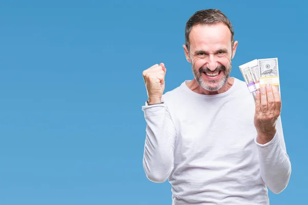 Senior Hoary Man Holding Buch Dólares Sobre Aislado Fondo Gritando —  Fotos de Stock