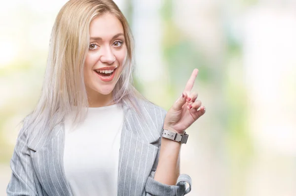 Jonge Blonde Zakenvrouw Jas Dragen Geïsoleerde Achtergrond Met Een Grote — Stockfoto