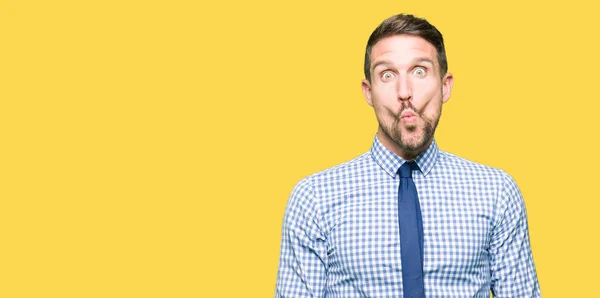 Handsome Business Man Wearing Tie Making Fish Face Lips Crazy — Stock Photo, Image