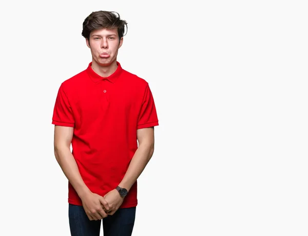 Ung Vacker Man Klädd Röd Shirt Över Isolerade Bakgrund Deprimerad — Stockfoto