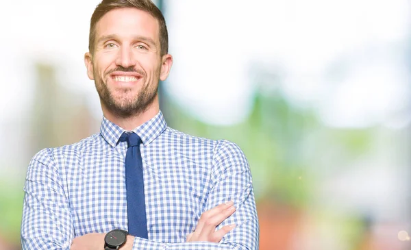 Handsome Business Man Wearing Tie Happy Face Smiling Crossed Arms — Stock Photo, Image