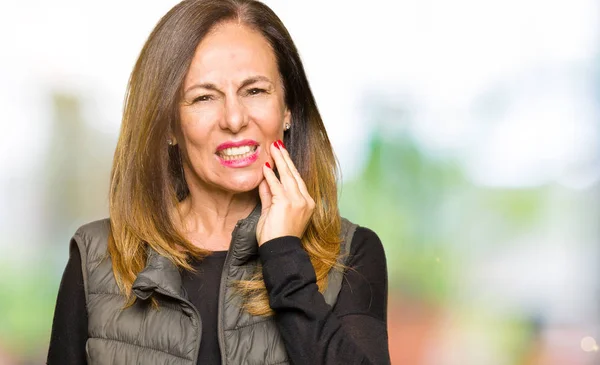 Beautiful Middle Age Woman Wearing Winter Vest Touching Mouth Hand — Stock Photo, Image