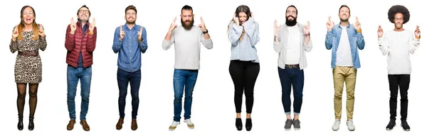 Colagem Pessoas Sobre Fundo Isolado Branco Sorrindo Cruzando Dedos Com — Fotografia de Stock