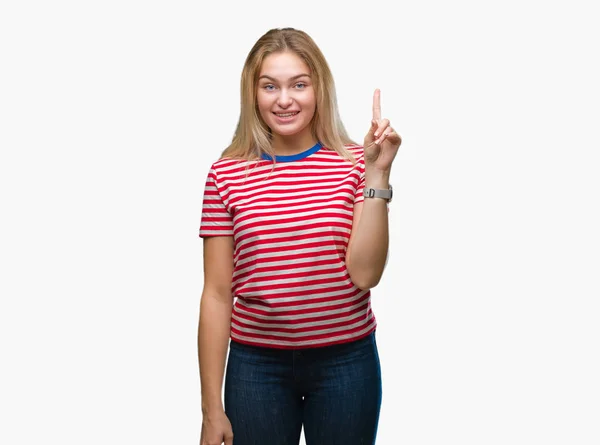 Jeune Femme Caucasienne Sur Fond Isolé Montrant Pointant Doigt Numéro — Photo