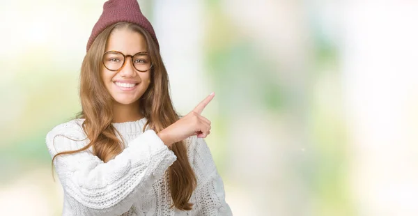 Young Beautiful Brunette Hipster Woman Wearing Glasses Winter Hat Isolated — Stock Photo, Image