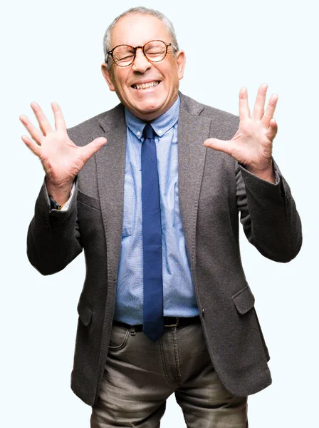 Handsome Senior Businesss Man Wearing Glasses Tie Celebrating Mad Crazy — Stock Photo, Image