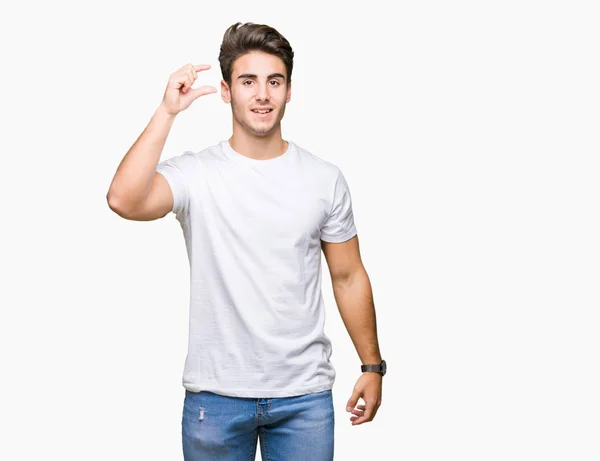 Jeune Bel Homme Portant Shirt Blanc Sur Fond Isolé Geste — Photo