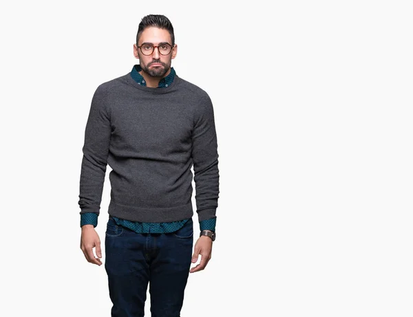 Mladý Pohledný Muž Nosí Brýle Izolované Pozadí Depresi Trápit Trápit — Stock fotografie