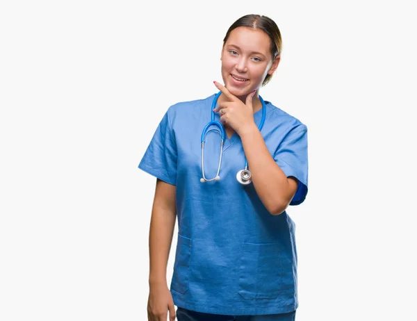 Young Caucasian Doctor Woman Wearing Medical Uniform Isolated Background Looking — Stock Photo, Image