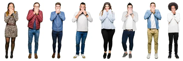 Collage Personer Över Vita Isolerade Bakgrund Chockad Som Täcker Munnen — Stockfoto