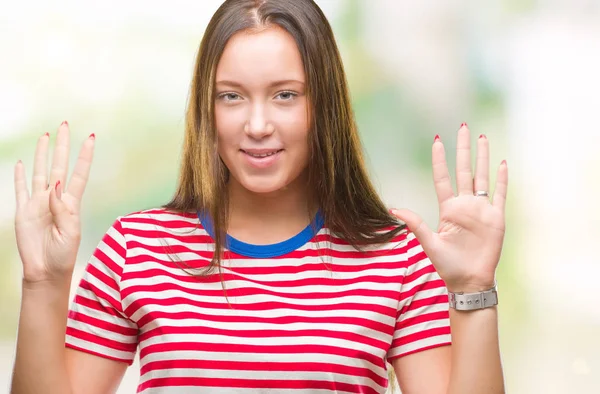 Joven Caucásica Hermosa Mujer Sobre Aislado Fondo Mostrando Señalando Hacia — Foto de Stock